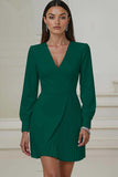 Ivory V-Neck Pleated Work Dress with Long Sleeves