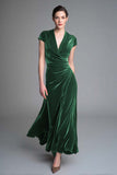 Velvet Caramel Ruched V Neck Long Holiday Party Dress