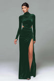 Black Velvet High Neck Long Sleeves Holiday Party Dress with Slit