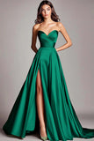 Dusty Sage Strapless A Line Ruched Satin Long Prom Dress with Slit