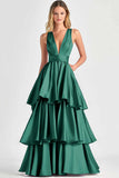 Fuchsia A-Line V Neck Ruffles Long Prom Dress