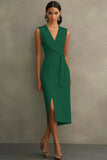 White Satin V-Neck Formal Dress with Belt