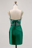Royal Blue Sheer Corset Pleated Tight Short Prom Dress with Slit