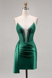 Navy Satin Beaded Corset Cocktail Dress with Sash