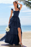 Ink Blue A-Line Corset Tiered Long Bridesmaid Dress with Ruffle Slit