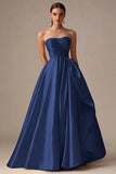 Yellow Strapless A Line Satin Long Prom Dress