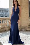 Navy Halter Mermaid Ruched Satin Long Prom Dress