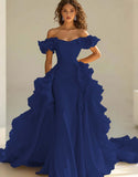 Yellow Off The Shoulder Mermaid Ruffles Satin Prom Dress