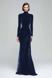 Black Mermaid High Neck Velvet Long Formal Dress with Lace
