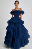 Dusty Sage Off The Shoulder A Line Ruffles Prom Dress