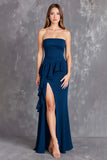 Black Strapless Ruffled Long Formal Dress with Slit