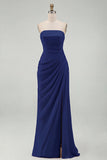 Light Pink Strapless Sheath Ruched Long Prom Dress with Slit