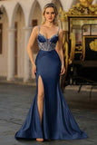 Dusty Blue Mermaid Beaded Corset Sequins Long Prom Dress with Slit