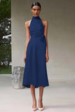 Pink A Line Halter Tea Length Satin Formal Dress