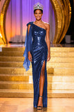 Sparkly Dark Green Sequin Mermaid One Shoulder Long Pageant Dress with Slit