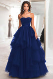Princess Black Strapless Tulle Tiered Ruched Long Prom Dress