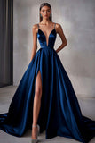 Navy Satin A Line Spaghetti Straps Long Prom Dress with Slit
