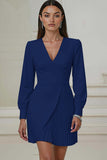 Ivory V-Neck Pleated Work Dress with Long Sleeves