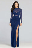 Black Sheath High Neck Long Sleeve Formal Dress with Slit