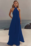 White Sheath Halter Chiffon Long Graduation Dress