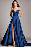 Dusty Sage Strapless A Line Ruched Satin Long Prom Dress with Slit