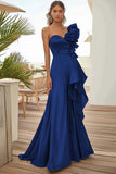 Black One Shoulder Long Formal Dress With Ruffles