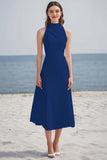 Simple Ivory High Neck Satin Midi Engagement Dress