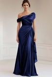 Grey Blue Mermaid One Shoulder Satin Ruched Formal Dress with Ruffles