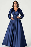 Grey Blue Satin V-Neck Mother of Bride Dress with Long Sleeves