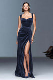 Burgundy A-Line Velvet Ruched Long Formal Dress