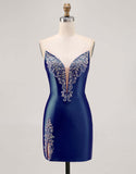 Fuchsia Strapless Beaded Bodycon Short Prom Dress with Slit