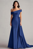 One Shoulder Pleated Champagne Sheath Long Formal Dress