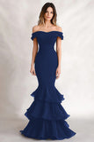 Off the Shoulder Black Mermaid Tiered Satin Wedding Guest Dress