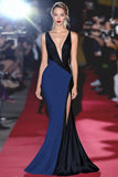 Sheath Black&White Deep V Neck Long Gala Dress
