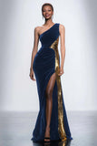 Sparkly Black One Shoulder Sheath Velvet Long Formal Dress with Sequins