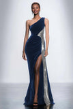 Sparkly Black One Shoulder Sheath Velvet Long Formal Dress with Sequins