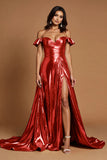 Golden Off The Shoulder A Line Prom Dress With Slit