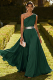 Dusty Blue One Shoulder A Line Chiffon Maxi Formal Dress