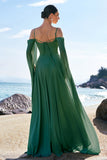 Light Green Cold Shoulder Detachable Sleeves Chiffon Bridesmaid Dress