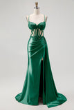 Champagne Mermaid Sheer Corset Beaded Side Streamer Long Prom Dress with Slit