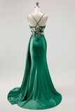 Champagne Mermaid Sheer Corset Beaded Side Streamer Long Prom Dress with Slit