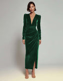 Velvet Sheath Olive V-Neck Ruched Choir Dress with slit
