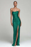 Sparkly Silver Strapless Sheath Holiday Party Dress With Slit
