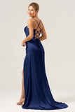 Dusty Blue Mermaid Spaghetti Straps Corset Satin Bridesmaid Dress with Slit