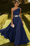 Dusty Blue One Shoulder A Line Chiffon Maxi Formal Dress