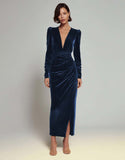 Velvet Sheath Olive V-Neck Ruched Choir Dress with slit