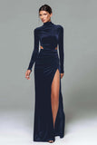 Black Velvet High Neck Long Sleeves Holiday Party Dress with Slit