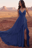 Ivory Spaghetti Straps A-Line Floor Length Ruffled Boho Wedding Dress with Slit