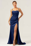 Dusty Blue Mermaid Spaghetti Straps Corset Satin Bridesmaid Dress with Slit