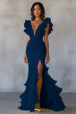 Yellow Mermaid V-Neck Tiered Long Formal Dress with Ruffled Slit